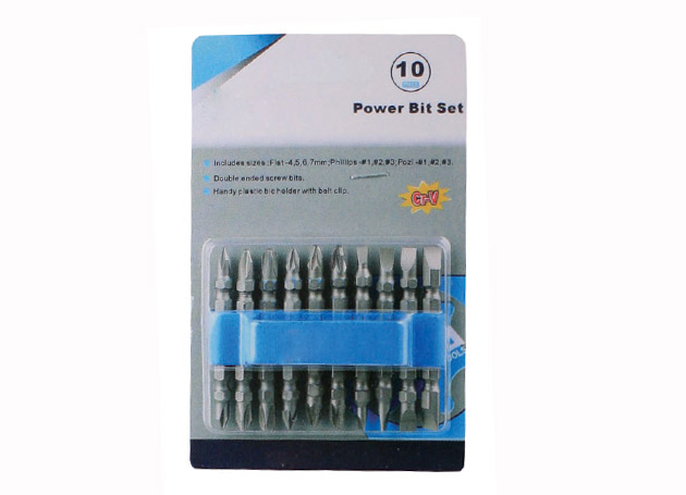 10pcs 65MM double ended power bits Contents: Phillips: #1, #2,
#3
Pozi: #1, #2, #3
Slotted: 4, 5, 6,
7MM