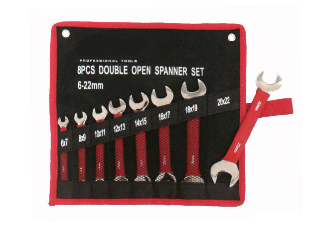 Combination wrench set, mirror polished surface, with red color dipped grip for comfortable use
Size: 8×(6, 8, 10, 12, 14, 17, 19, 22mm)