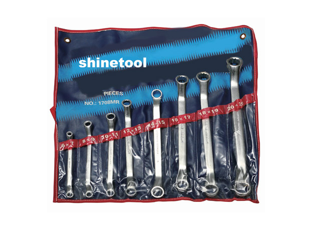 Double offset ring wrench set, sand finished
surface 
Size: 8×(6×7, 8×9, 10×11, 12×13, 14×15, 16×17,
18×19, 20×22mm)